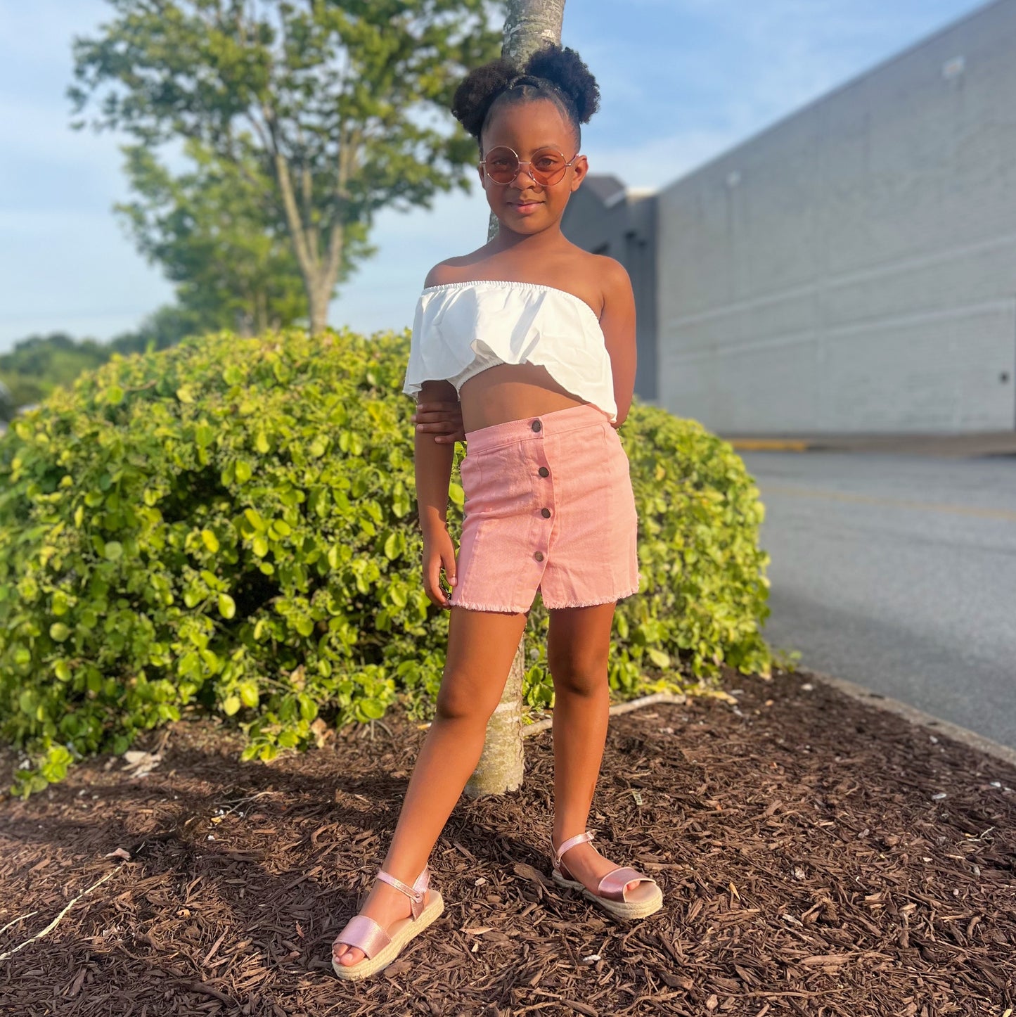 Kaylin Pink Denim Skirt + Top Set