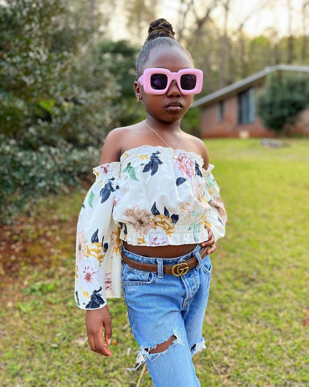 Floral print Wide Sleeve Crop Shirt