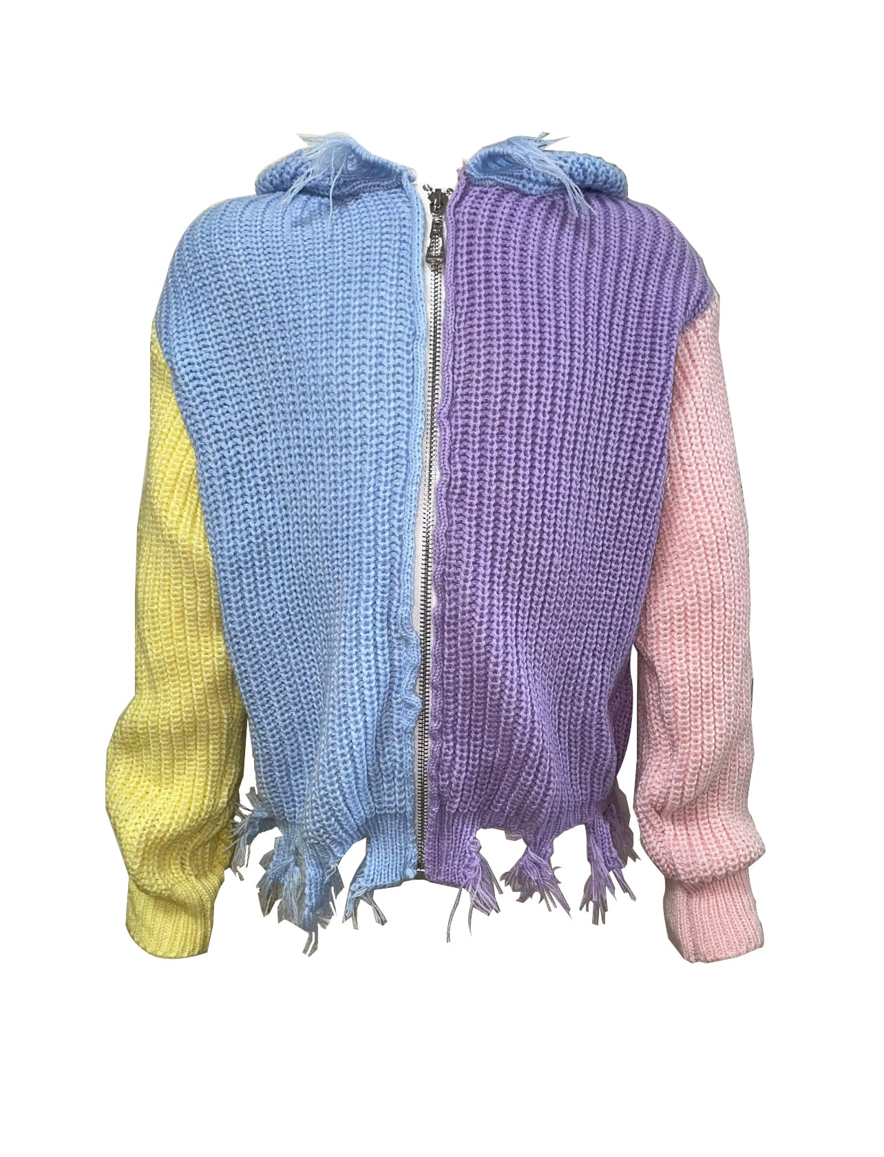 Colorblock Distressed Cable Knit Zip Sweater